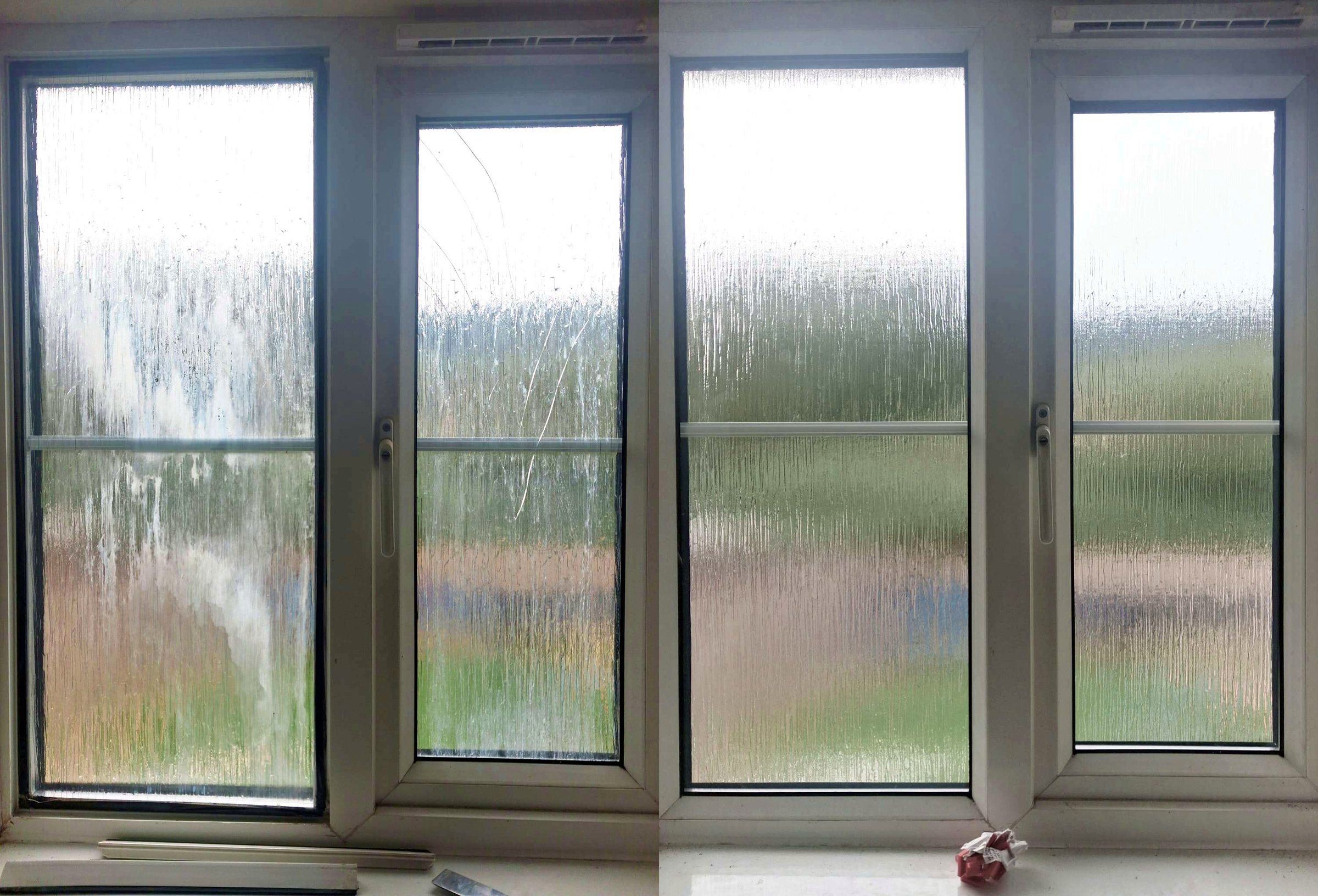 Misted double glazed units before, and clear new sealed units after